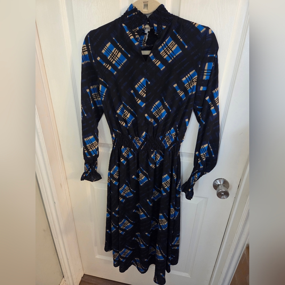 Nanette Lepore High Neck Smocked Scrunch Marina Patchwork Plaid Midi - Picture 7 of 10
